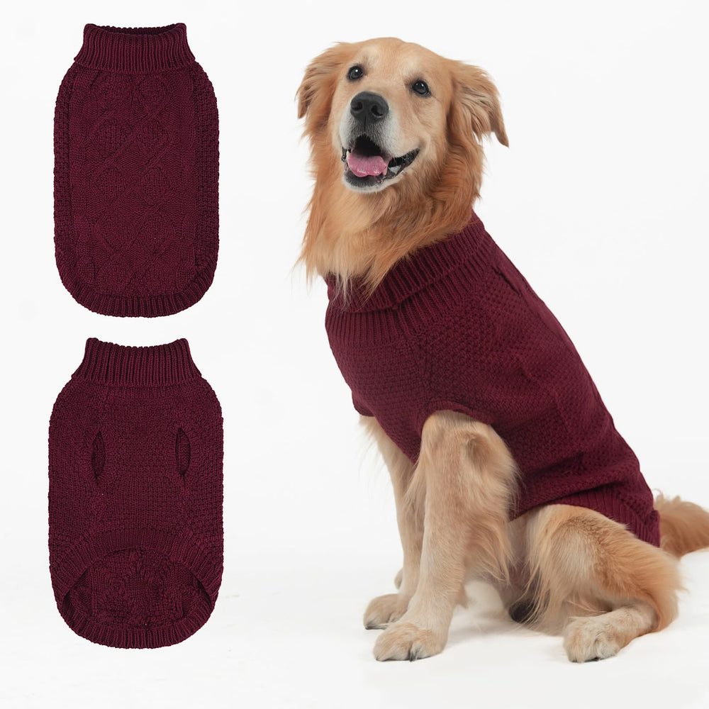 Mihachi turtleneck dog sweater wine red front view, keeps pets warm on winter walks.