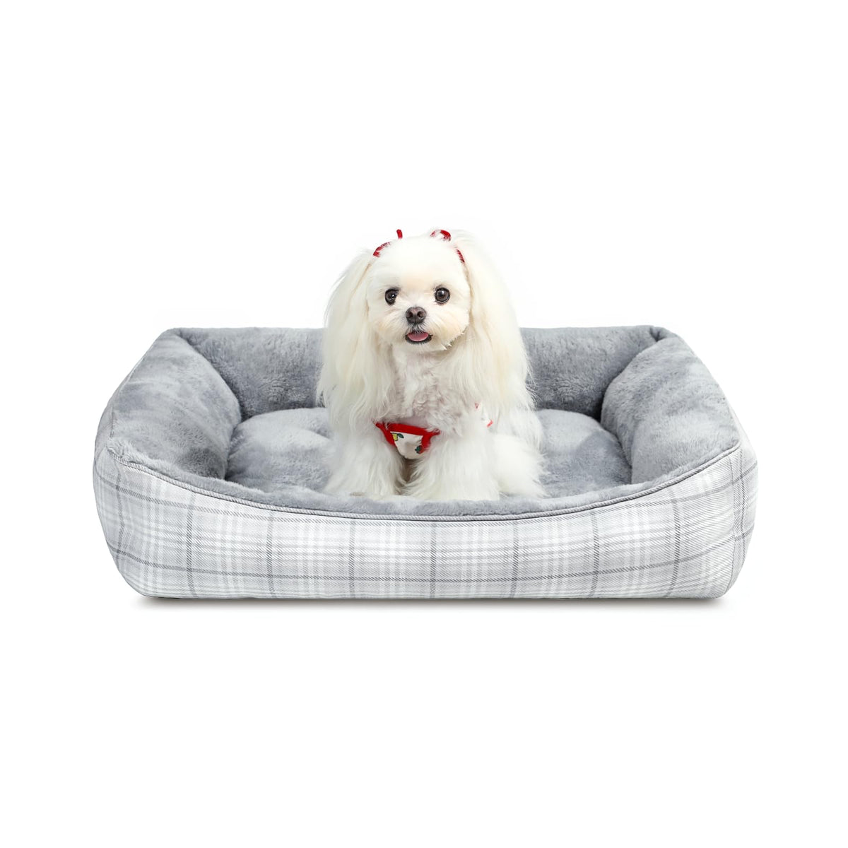 MIHIKK rectangle dog bed front view in gray with plush fabric and supportive bolster for naps.