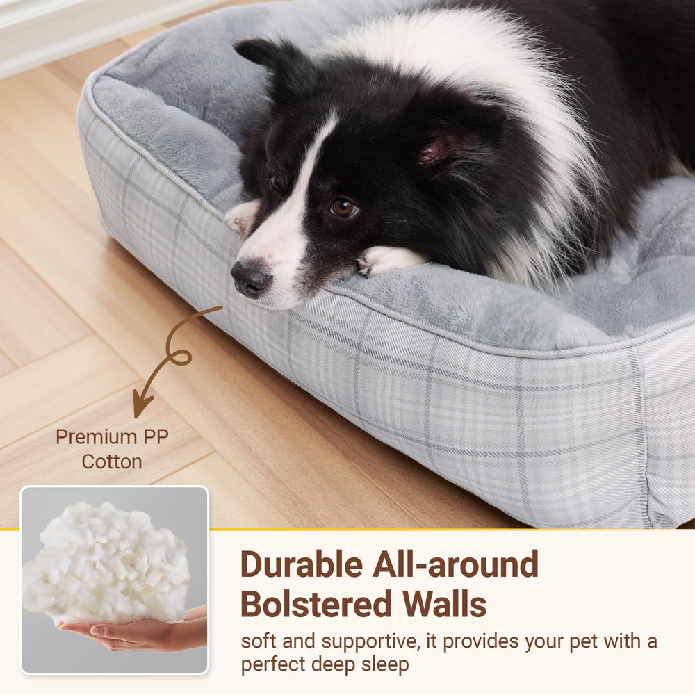 MIHIKK rectangle dog bed gray front view showing plush, cozy fabric.