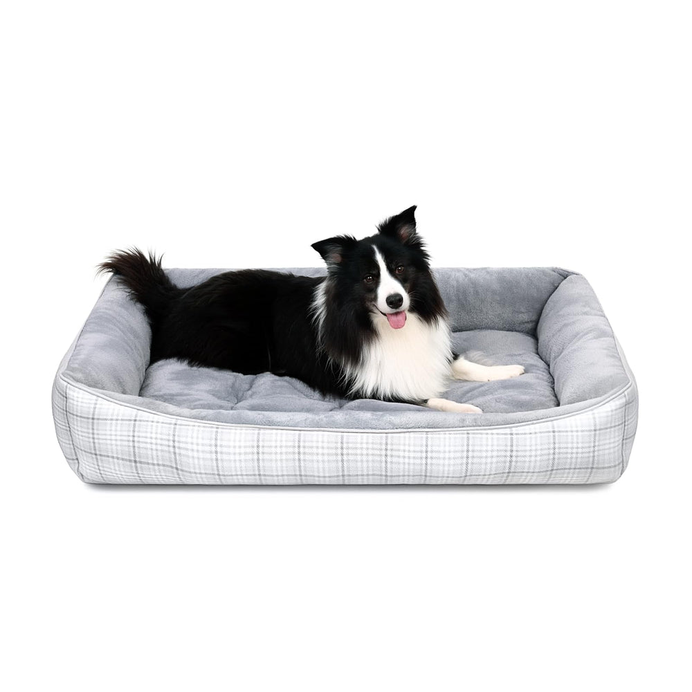 MIHIKK rectangle dog bed gray side view with supportive sides for spinal comfort.