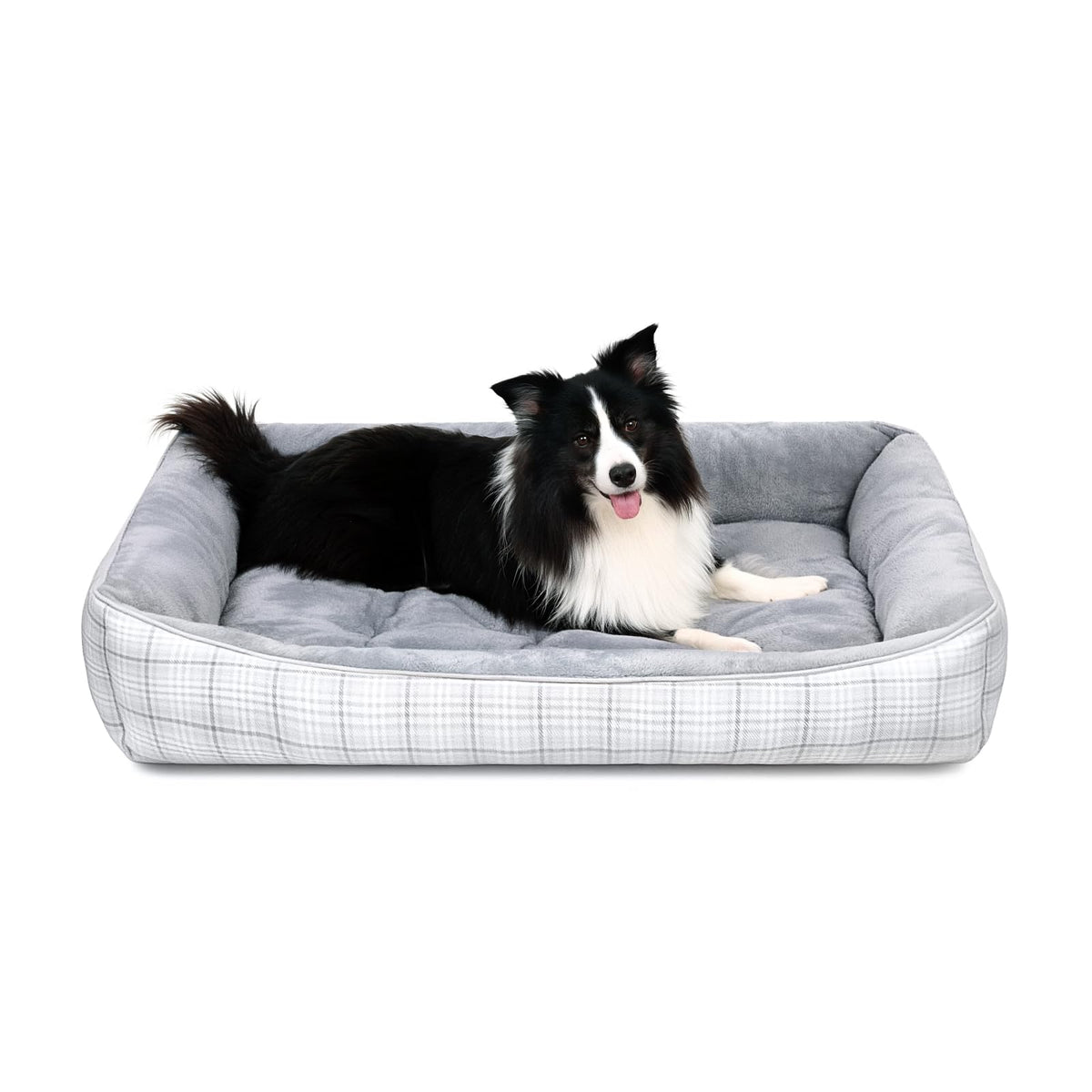 MIHIKK rectangle dog bed gray side view with supportive sides for spinal comfort.