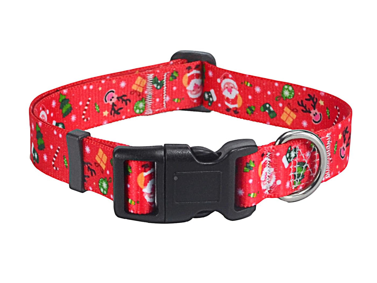 Mihqy Christmas dog collar closeup shows durable stitching and festive pattern for holiday walks.