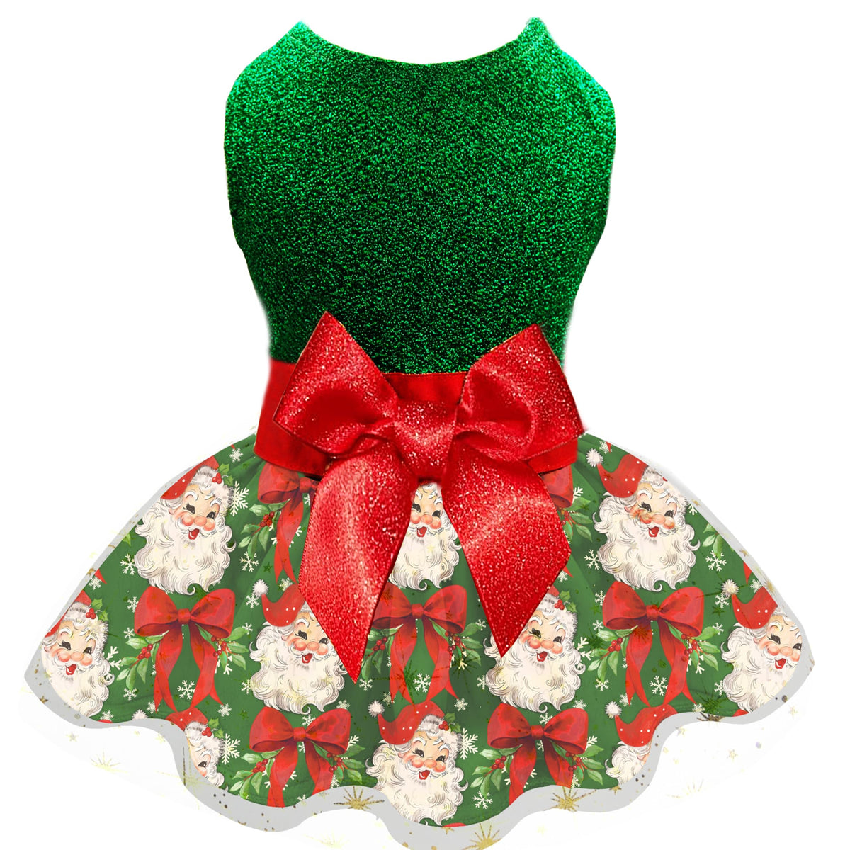 Miiemiu Christmas Dog Dress showcases a shiny green top for festive photos and cozy comfort.