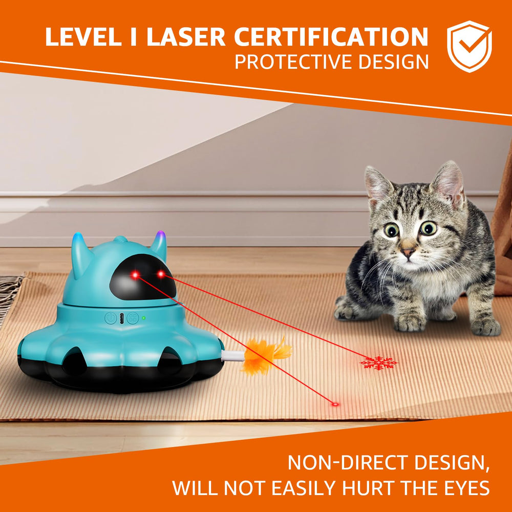 MIKK cat laser toy feather-pounce openings showing dynamic feathers for chasing.