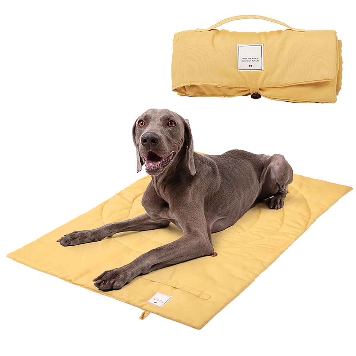 MikooMikoo Dog Travel Mat folded with handle for easy transport.