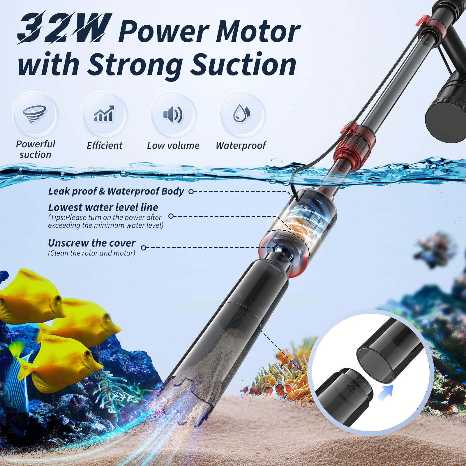 Mildhug fish tank cleaner with extended telescopic pole for tall tanks
