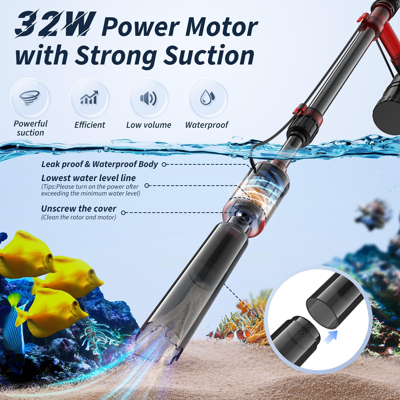 Mildhug gravel cleaner telescopic pole extended for tall tanks