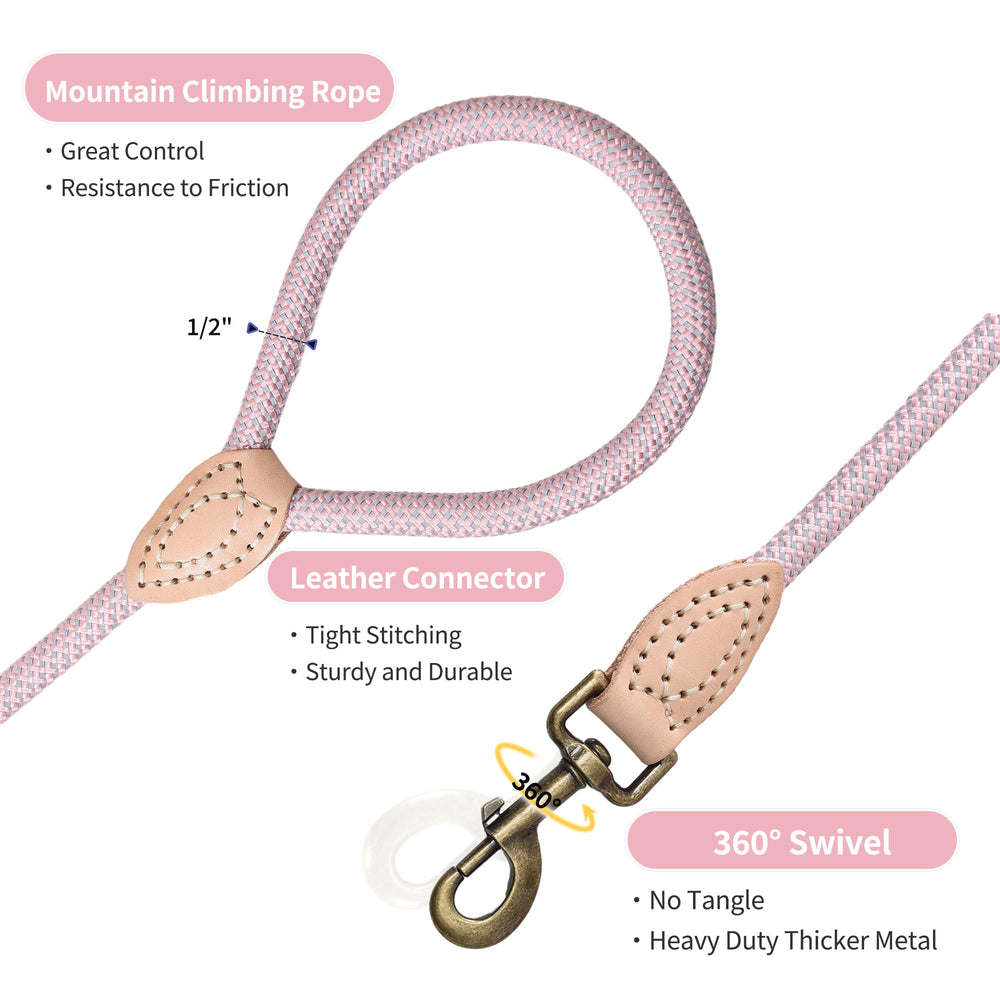 Mile High Life dog rope leash 4 ft pink reflective line enhances nighttime visibility