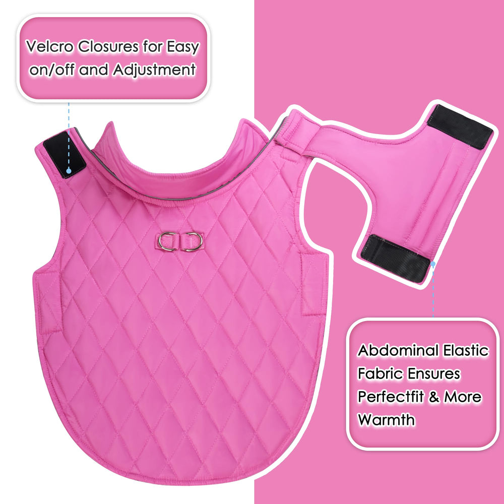 Mile High Life dog warm coat pink elastic chest detail improves movement comfort.