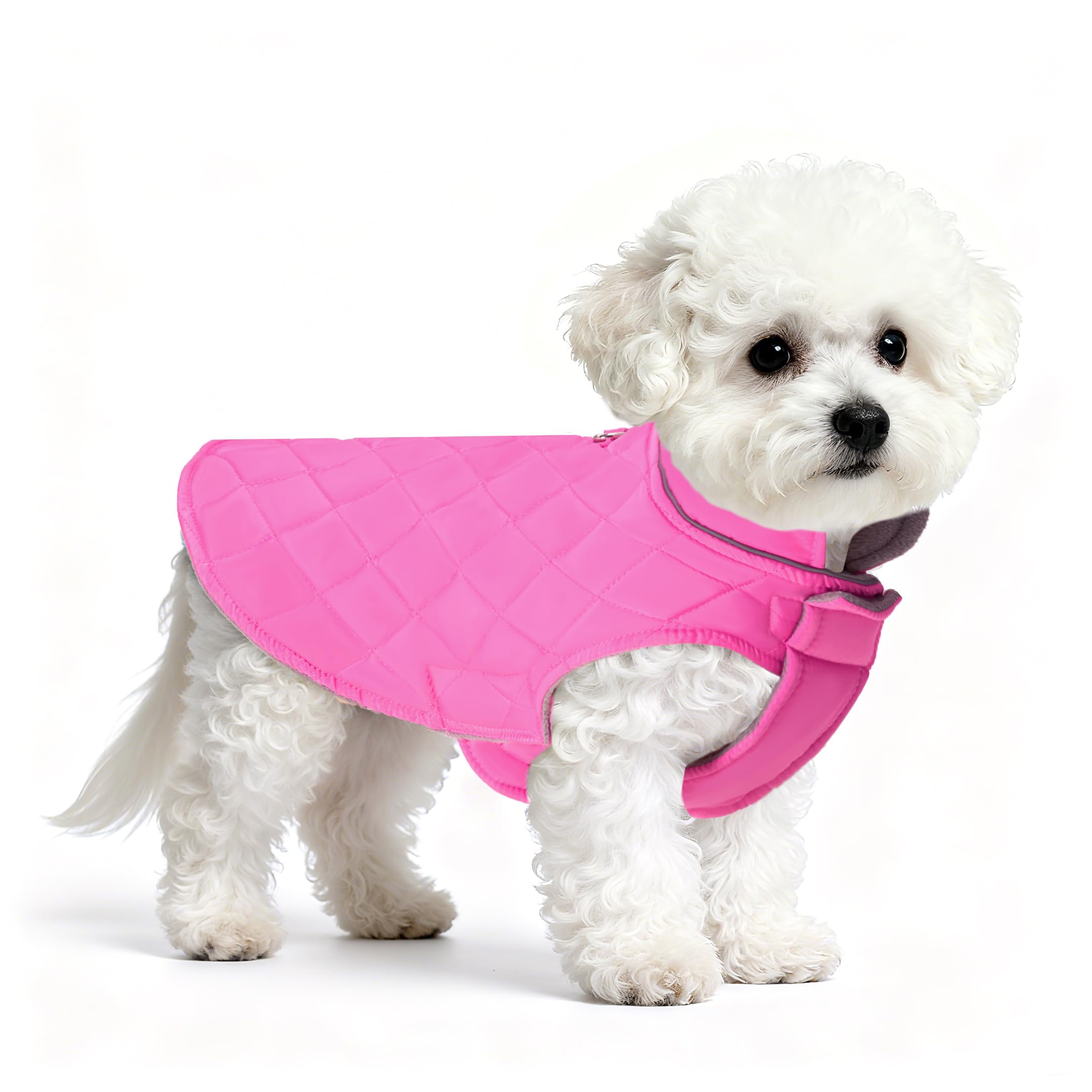 Mile High Life dog warm coat pink front view provides cozy warmth during chilly walks.
