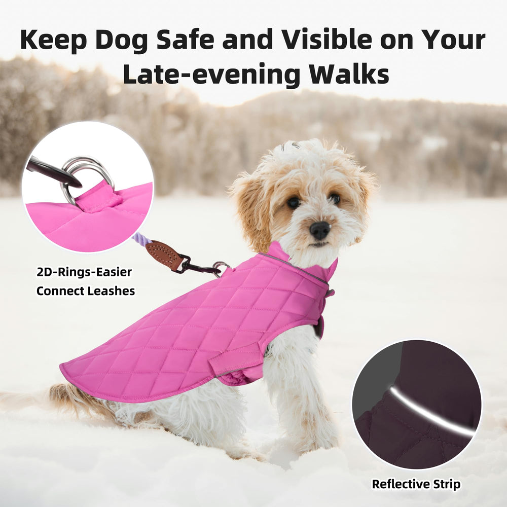 Mile High Life dog warm coat pink reflective stripe enhances night visibility.