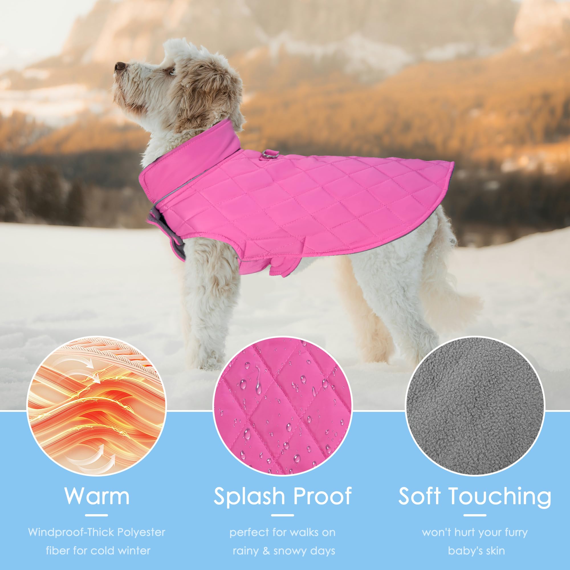 Mile High Life dog warm coat pink two D-rings for harness pairing.