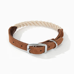 Mile High Life rope dog collar beige leather trim closeup for everyday stylish wear.