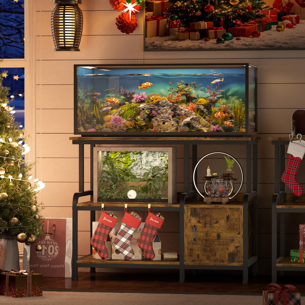 MILEFA stand with side storage cabinet keeps fish gear neatly organized within reach.