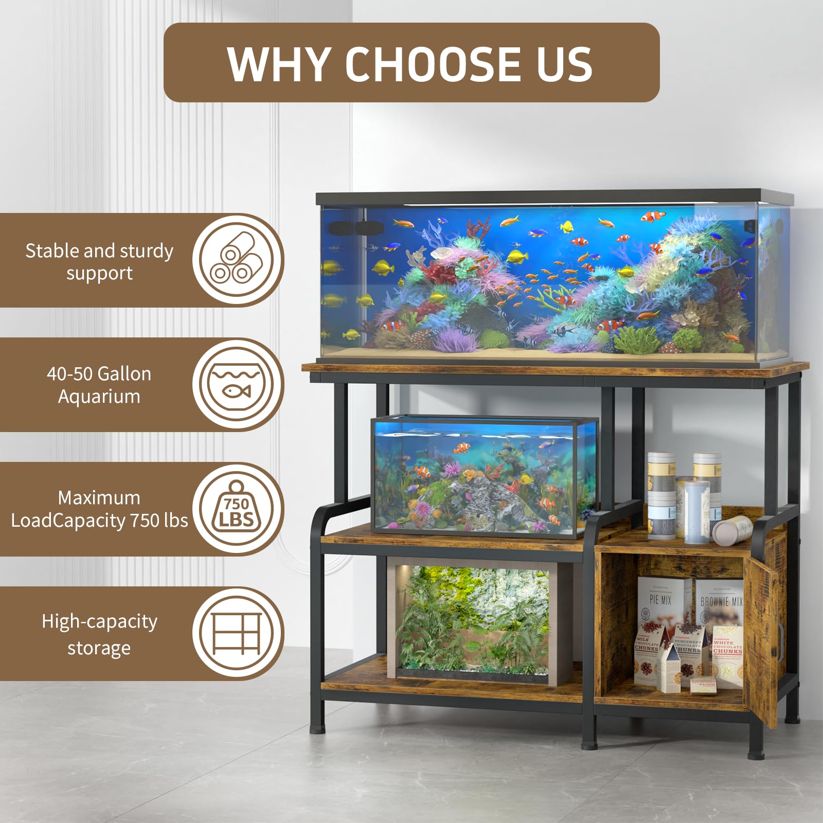 MILEFA stand with 40-50 gallon tank shows versatile home use.