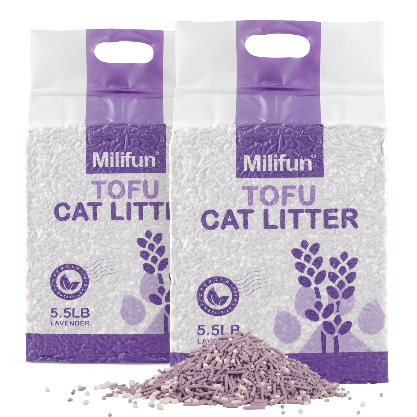 MILIFUN Tofu Cat Litter lavender clumps for easy scooping and odor control.