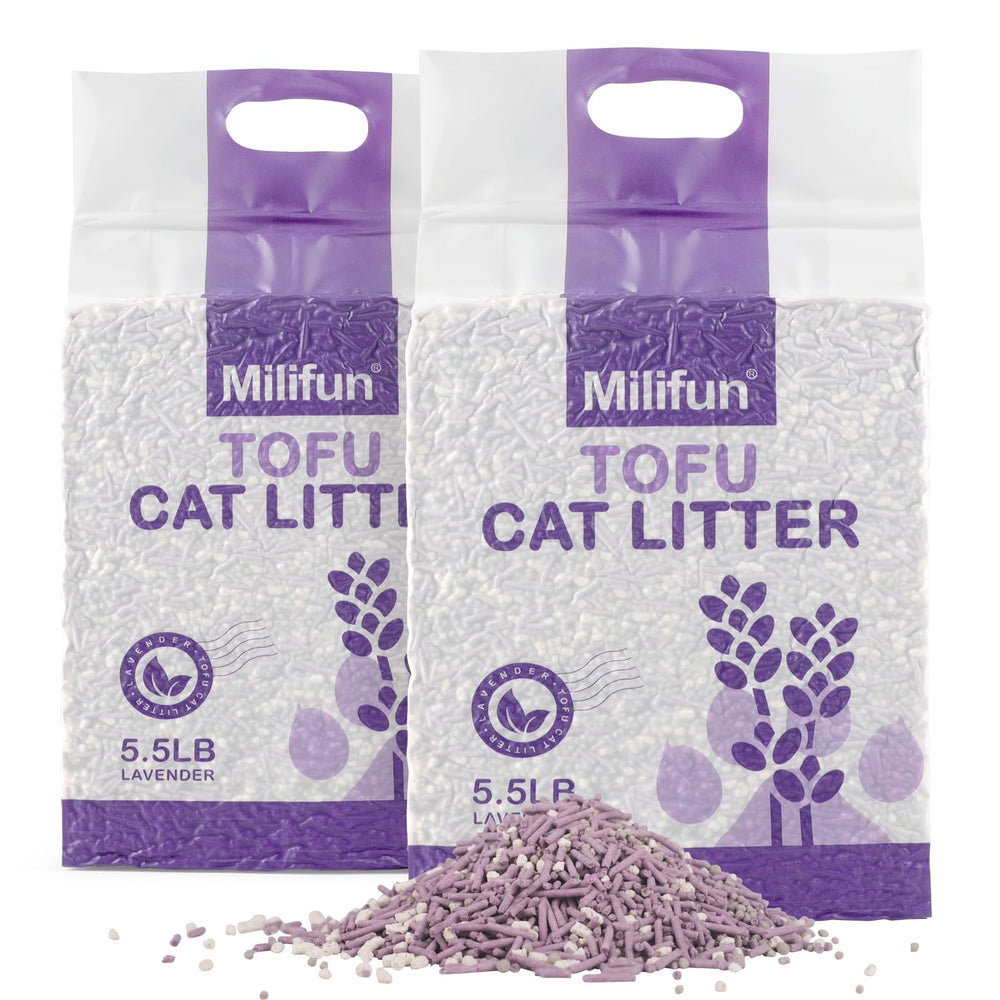 MILIFUN Tofu Cat Litter lavender clumps for easy scooping and odor control.