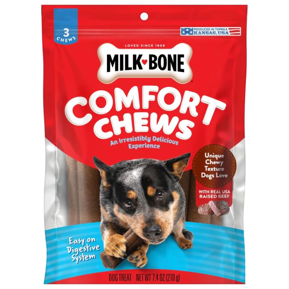 Milk-Bone Comfort Chews bag front view with real beef flavor for dogs’ enjoyment