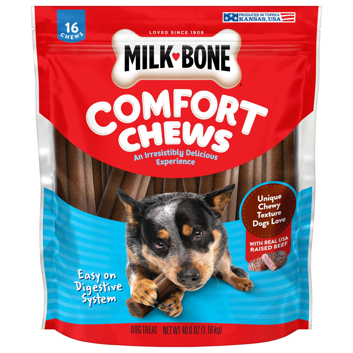Milk-Bone Comfort Chews packaging shown for easy serving and storage