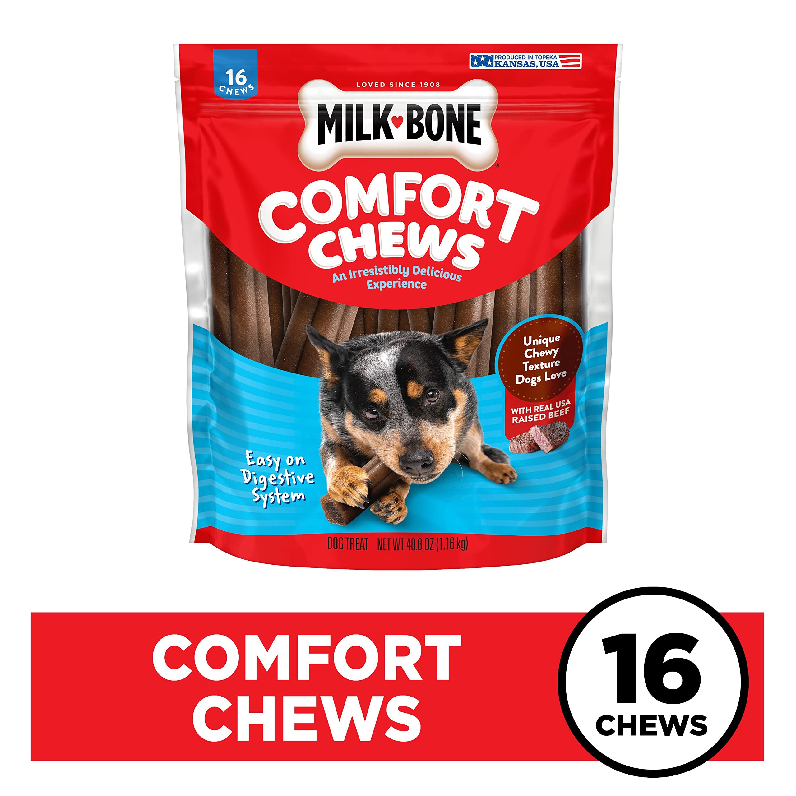 Milk-Bone Comfort Chews with real beef emphasizes savory flavor appeal