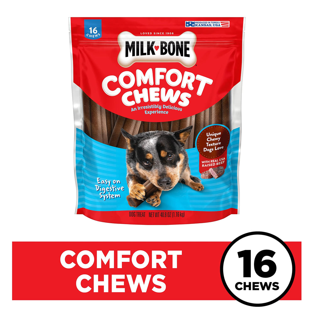 Milk-Bone Comfort Chews with real beef emphasizes savory flavor appeal