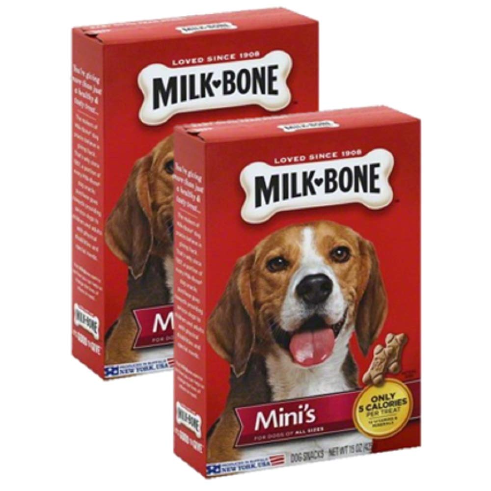 Milk-Bone Mini two-pack treats closeup emphasizes low-calorie, bite-size rewards for dogs