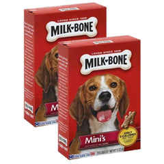 Milk-Bone Mini two-pack treats closeup emphasizes low-calorie, bite-size rewards for dogs