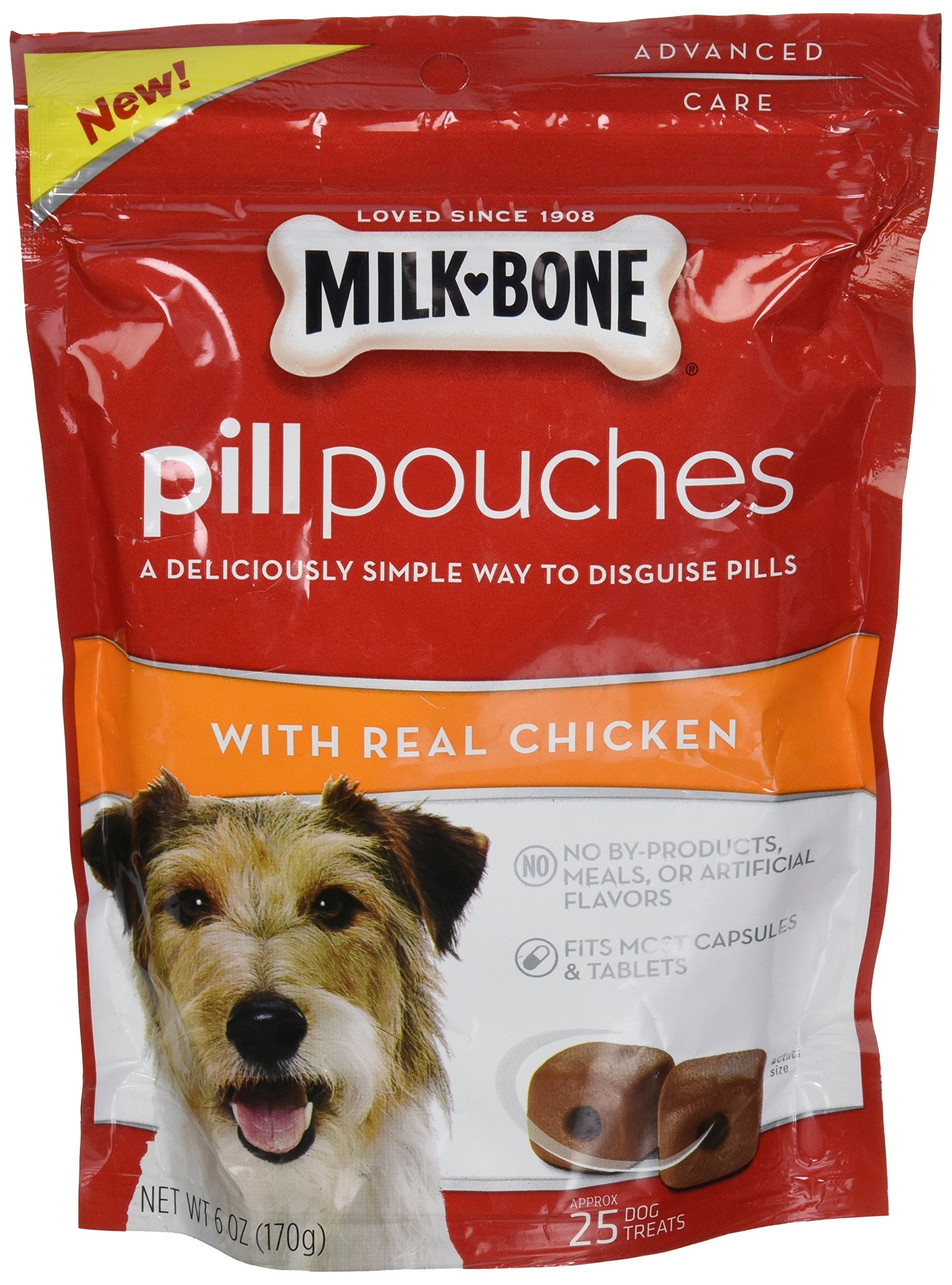 Milk-Bone pill pouches with real chicken bag closeup showing easy pill hiding and chicken flavor.