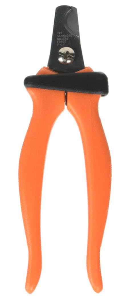Millers Forge nail clipper with orange handle in use shows ergonomic grip for reduced hand fatigue