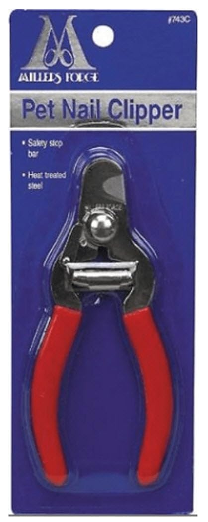 Millers Forge steel pet nail clipper with safety stop bar for precise trimming.
