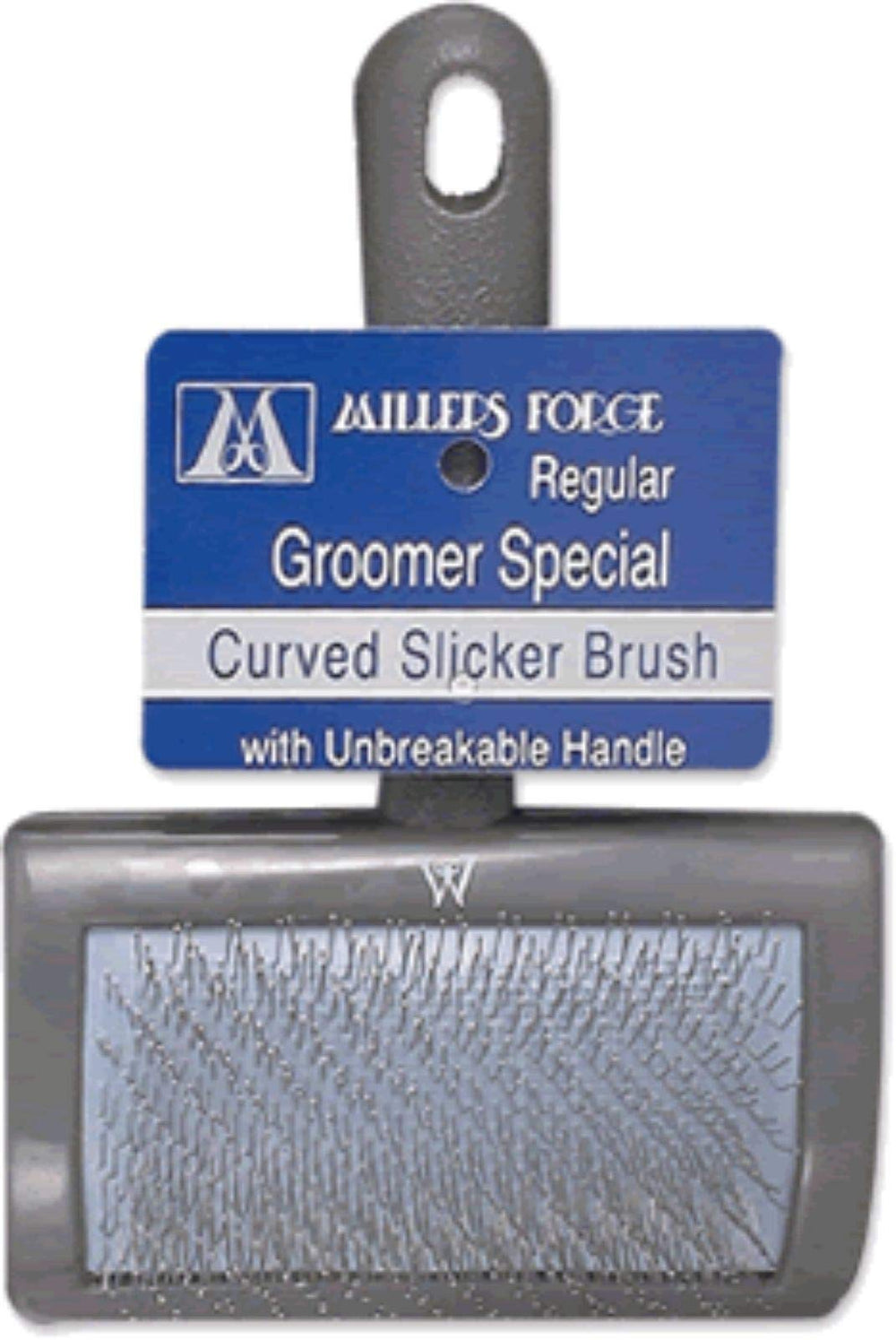 Millers Forge universal curved pet slicker brush with stainless steel pins for detangling and debris removal.