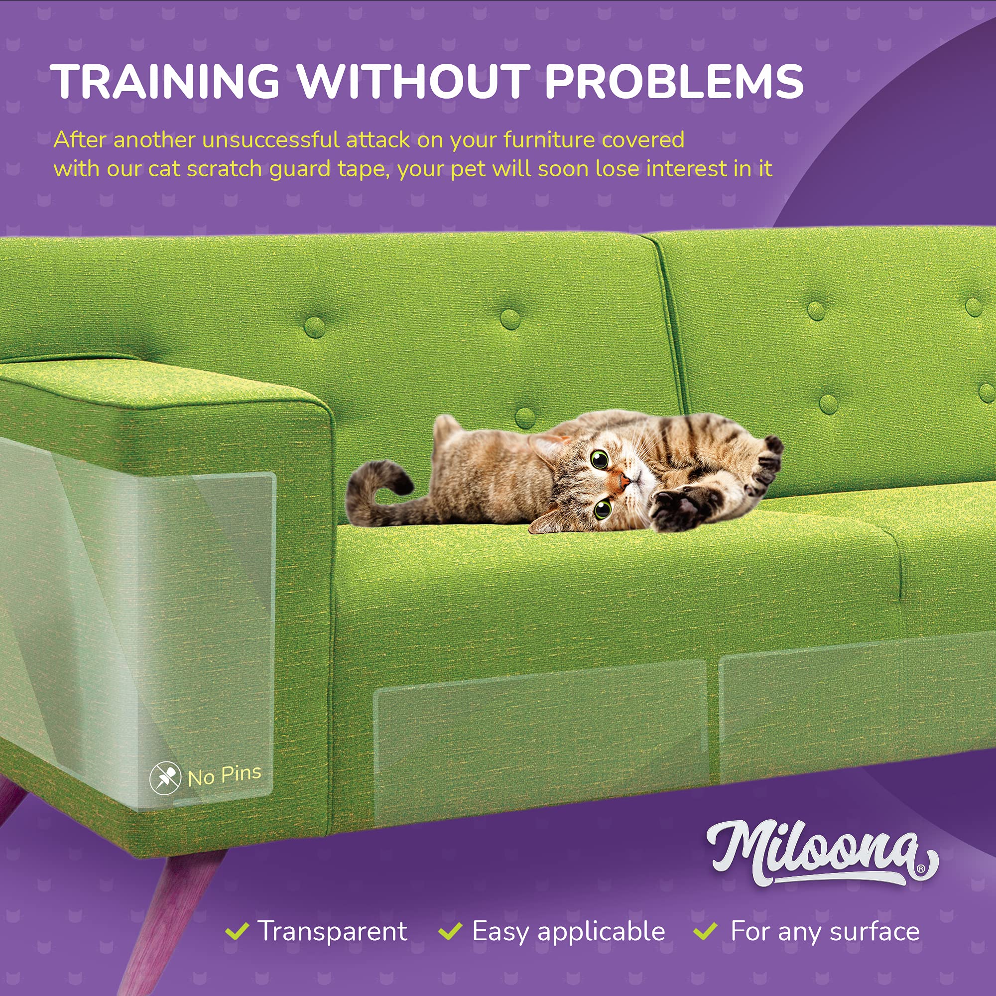 Miloona cat-scratch-deterrent on sofa protects fabric from claws.