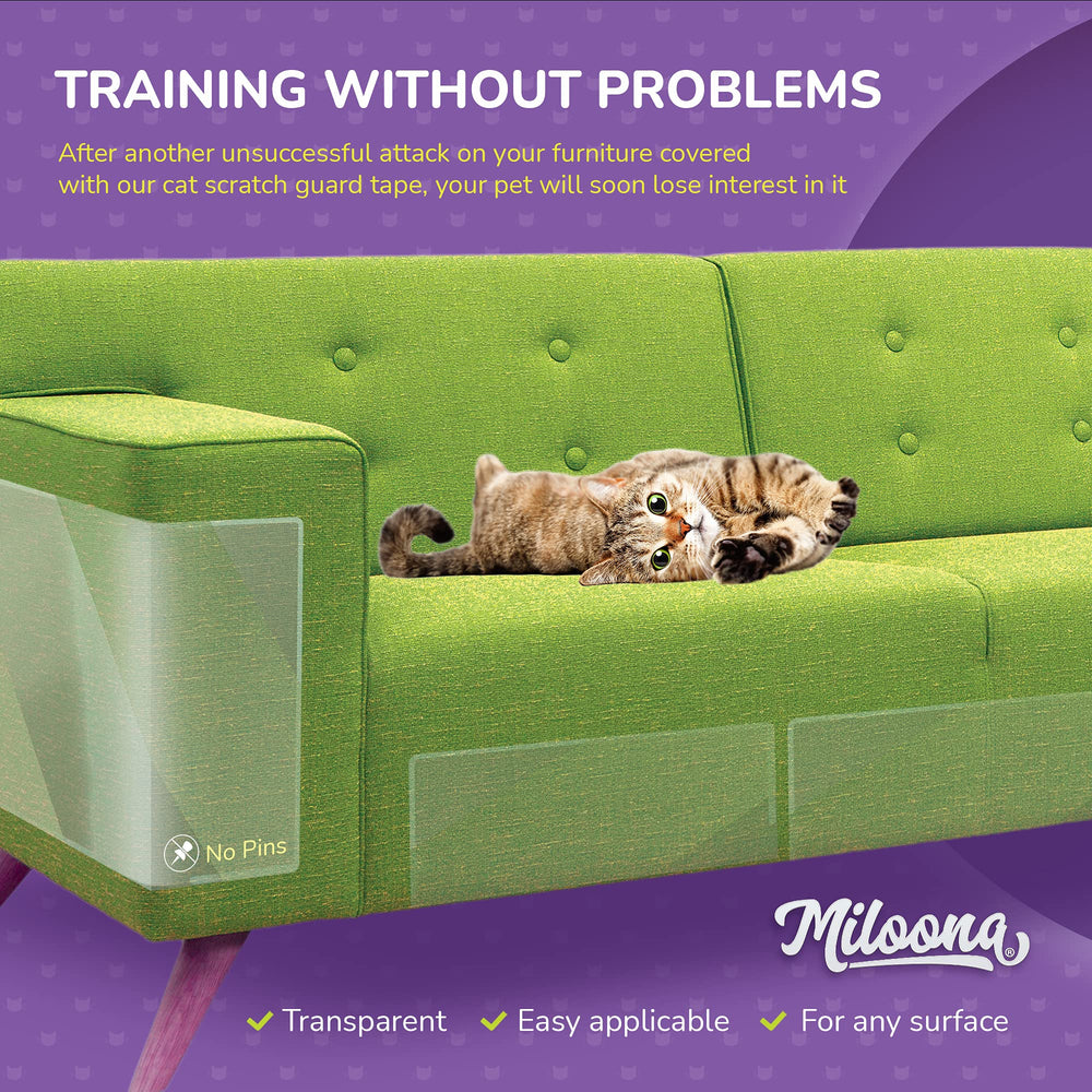 Miloona cat-scratch-deterrent on sofa protects fabric from claws.
