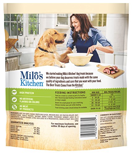 Milo's Kitchen beef sausage slices with rice dog enjoying treat after walk