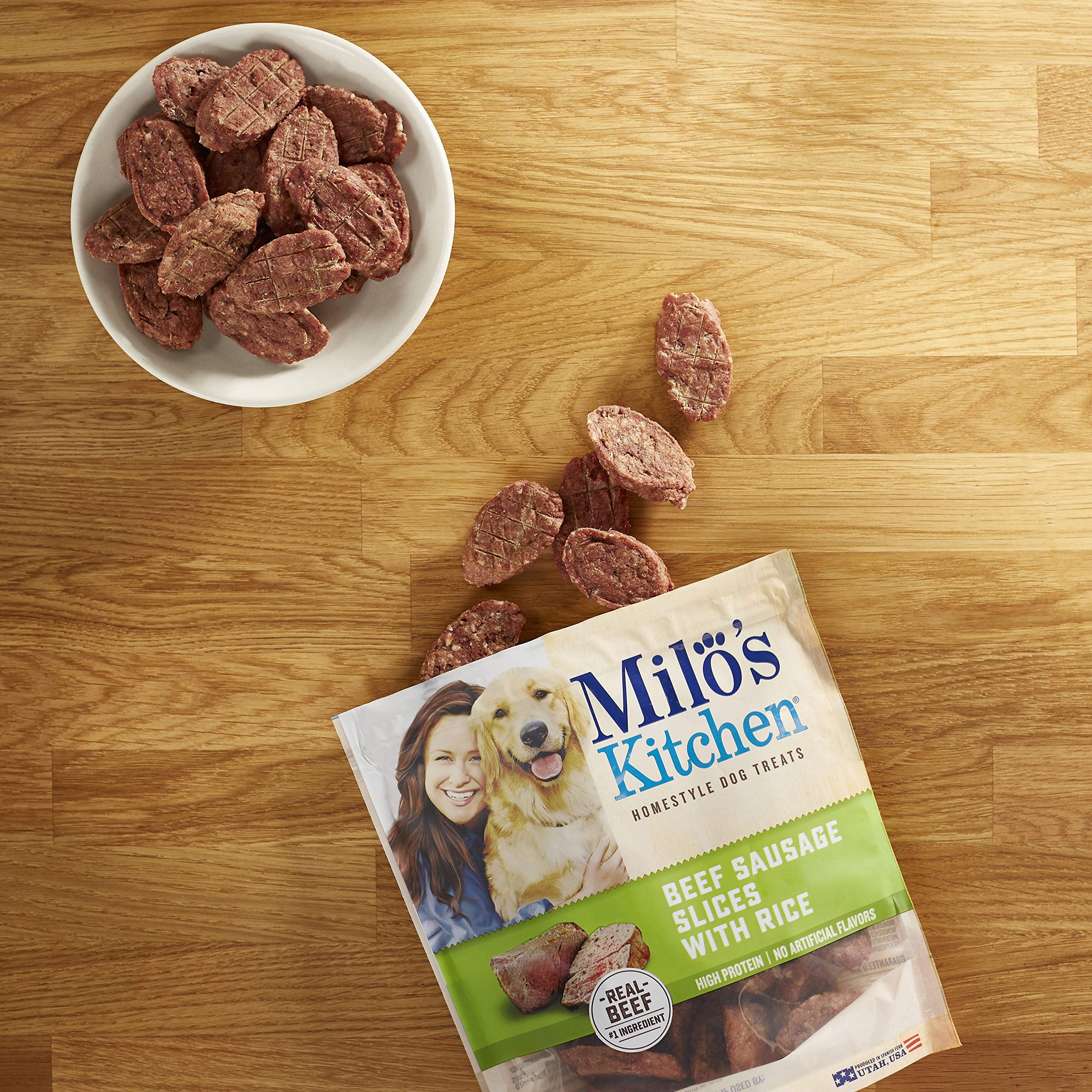 Milo's Kitchen beef sausage slices with rice kitchen-scene suggests easy snack prep