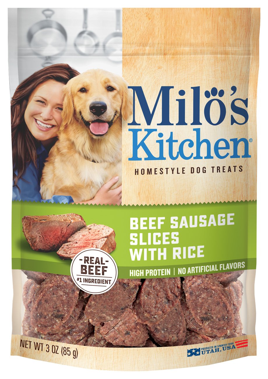 Milo's Kitchen beef sausage slices with rice product shot highlights chewy texture for dogs