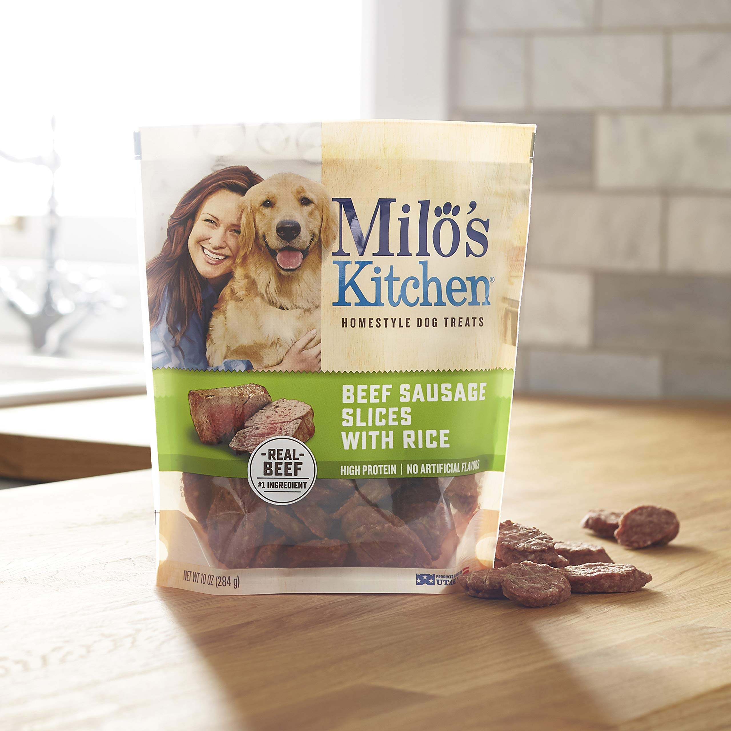 Milo's Kitchen beef sausage slices with rice training-time reward moment