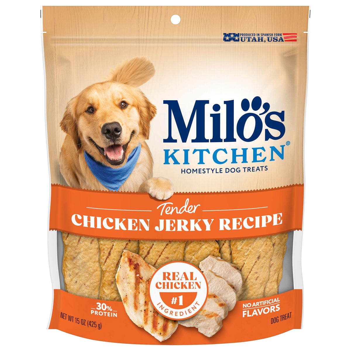 Milo's Kitchen chicken jerky strip closeup showing tender texture for daily treats