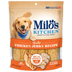 Milo's Kitchen chicken jerky strip closeup showing tender texture for daily treats