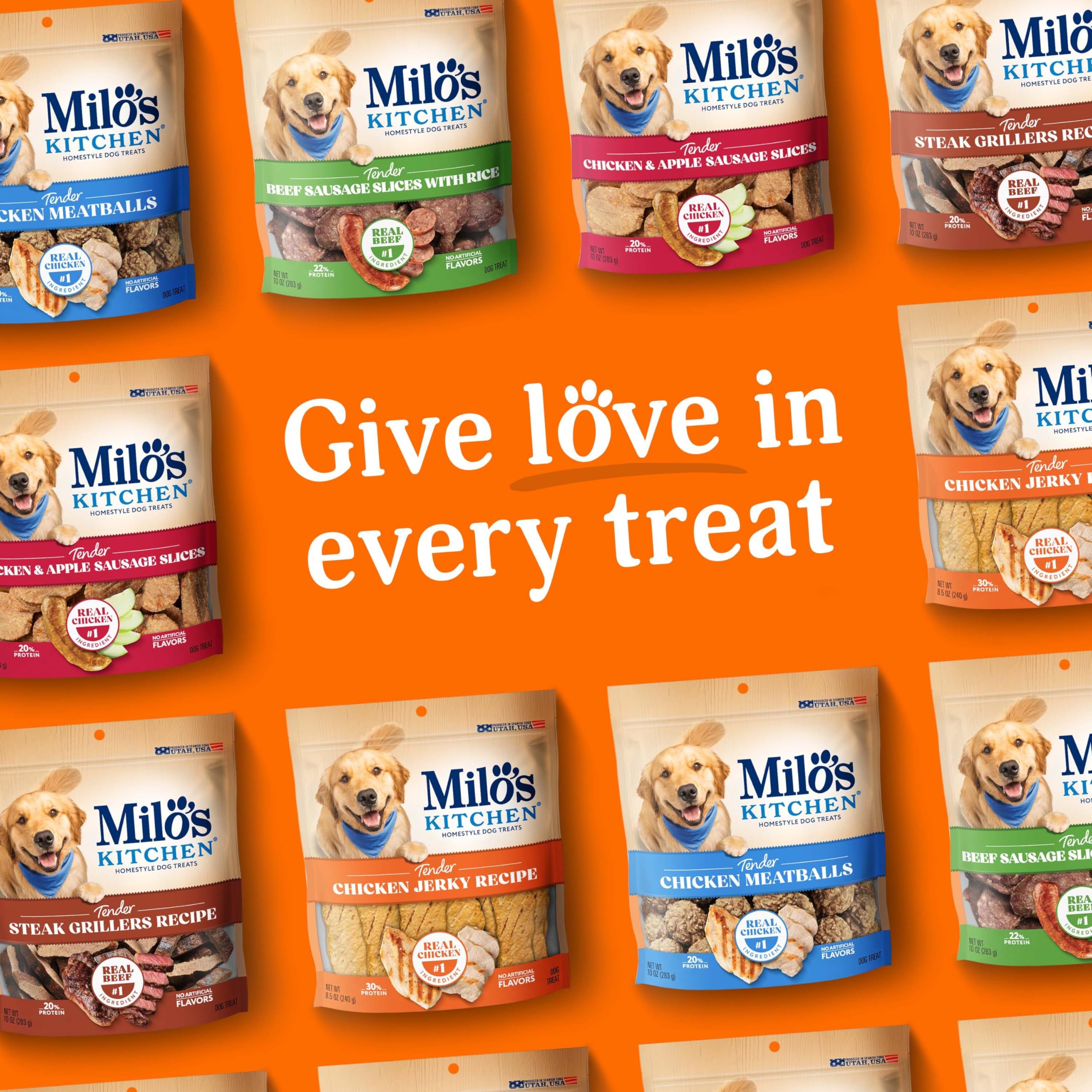 Milo's Kitchen chicken jerky strip homestyle flavor captured as dog reward