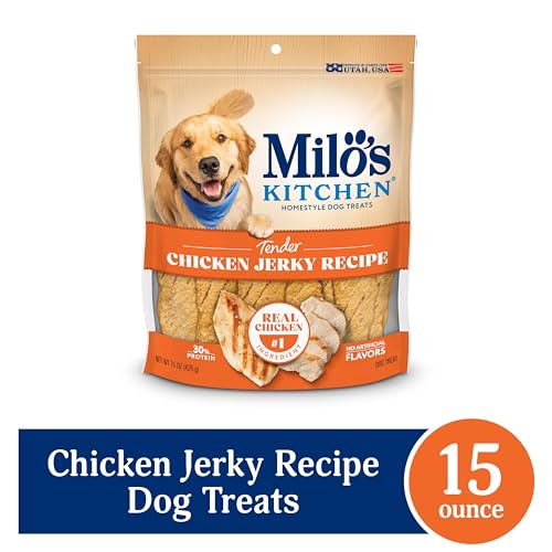 Milo's Kitchen chicken jerky strip real chicken ingredient highlighted for trust