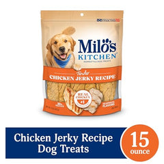 Milo's Kitchen chicken jerky strip real chicken ingredient highlighted for trust