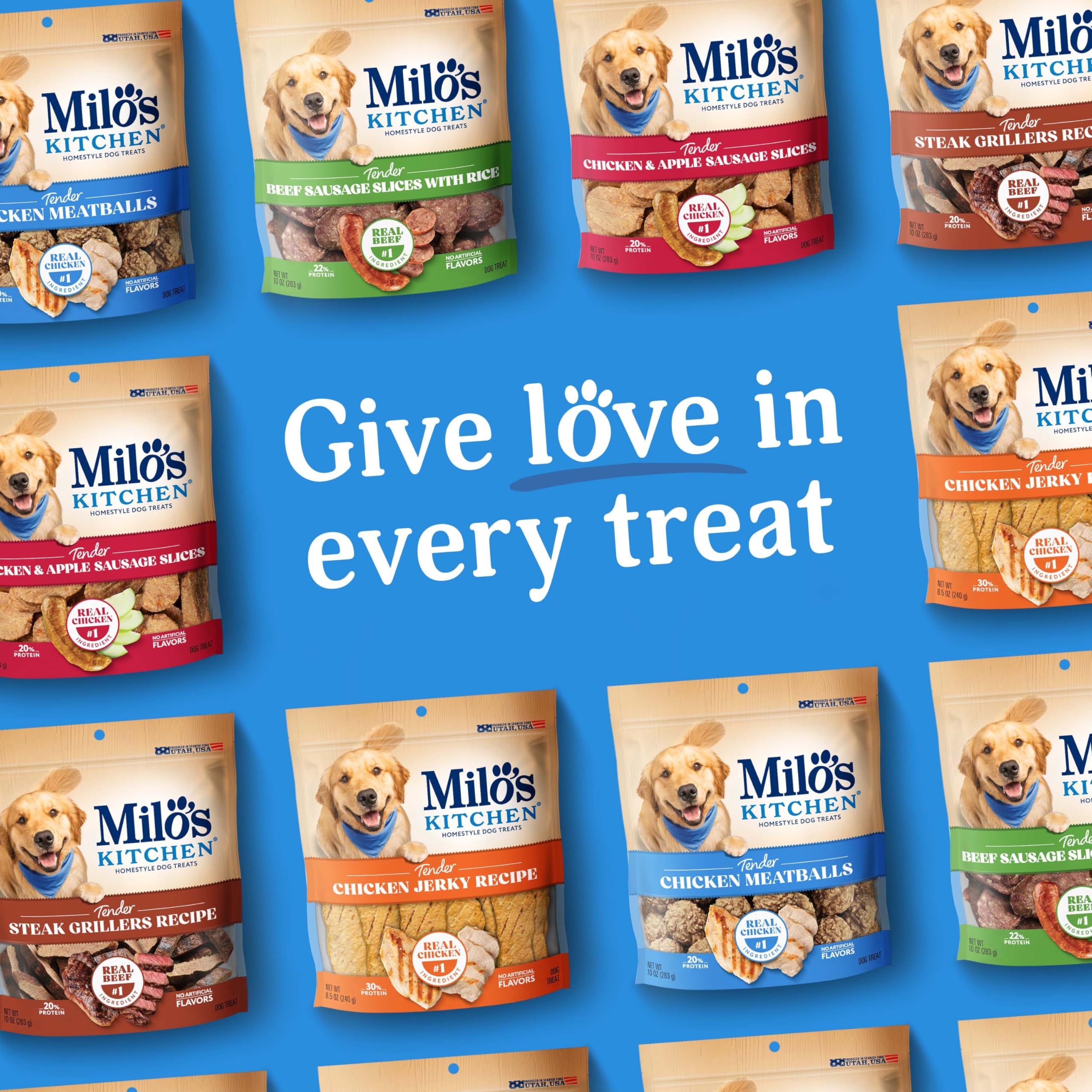 Milo's Kitchen Chicken Meatballs 18-ounce bag shown for convenient rewards.