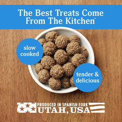 Milo's Kitchen Chicken Meatballs ingredient label highlights no artificial flavors.