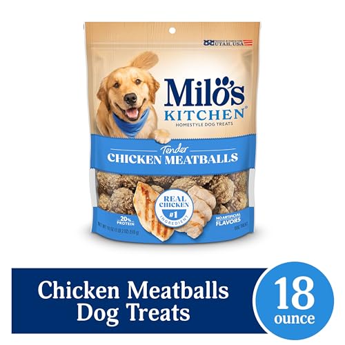 Milo's Kitchen Chicken Meatballs texture closeup reveals tender, slow-cooked bites.