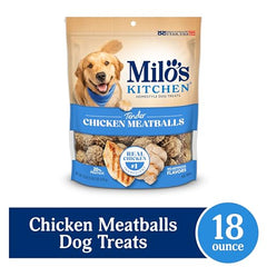 Milo's Kitchen Chicken Meatballs texture closeup reveals tender, slow-cooked bites.