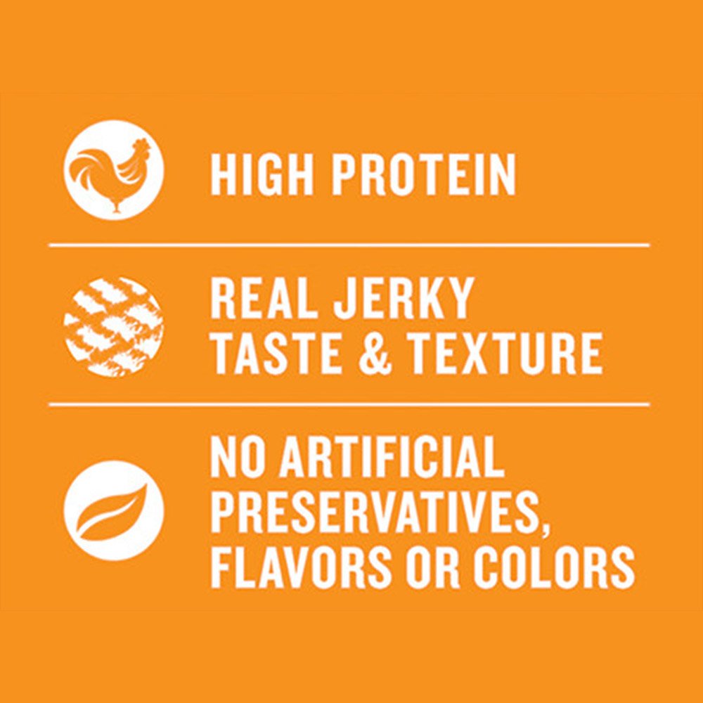 Milo's Kitchen Simply Chicken Jerky grain-free badge close-up, allergen-conscious snack.