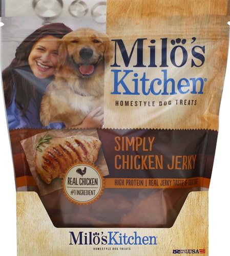 Milo's Kitchen Simply Chicken Jerky ingredient close-up showing real chicken as top, protein-rich.