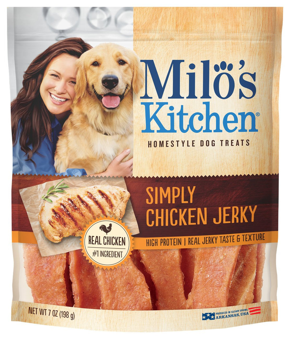 Milo's Kitchen Simply Chicken Jerky pack shot; convenient 7 oz pouch for treats.