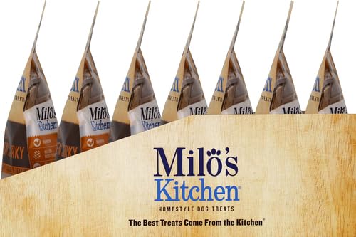 Milo's Kitchen Simply Chicken Jerky serving suggestion on counter for snack-time routines.